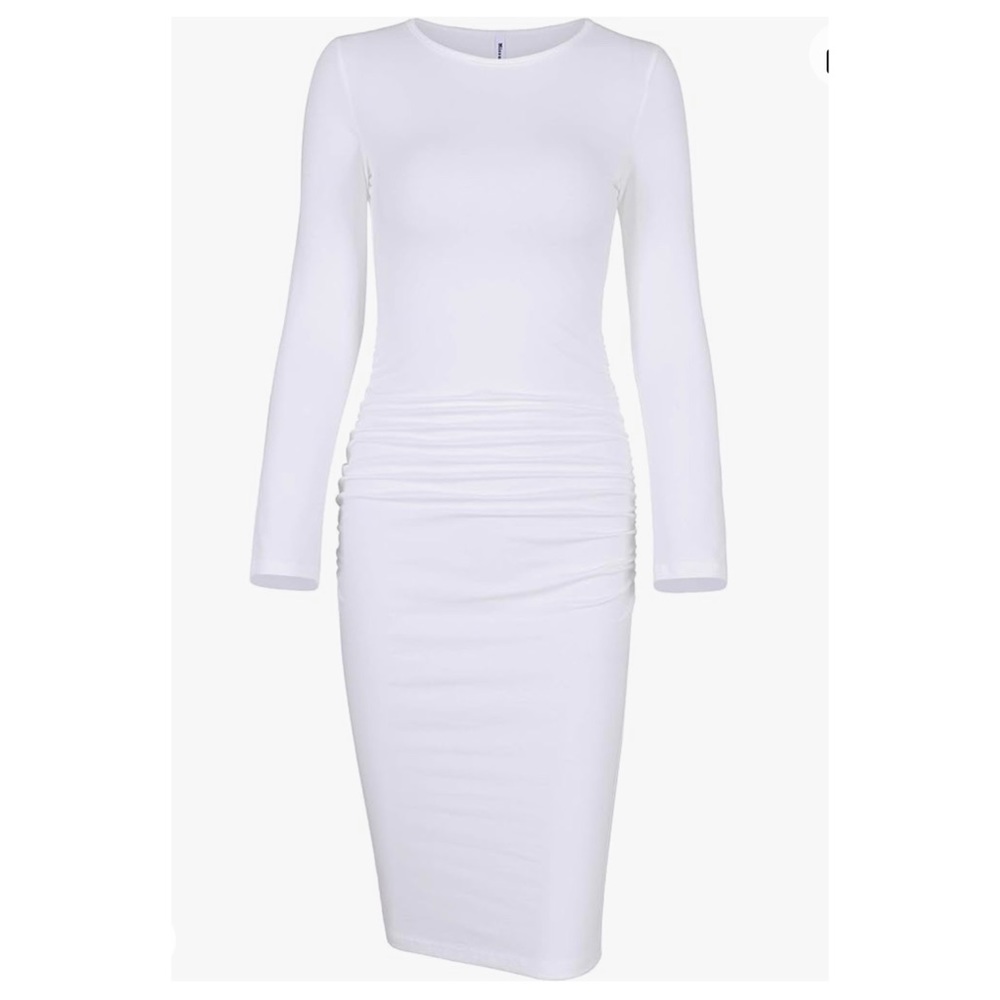 Missufe Womens White Long Sleeve Ruched Casual Bodycon Dress